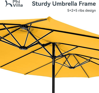 PHI VILLA 15ft Large Patio Umbrellas with Base Included, Outdoor Double-Sided Rectangle Market Umbrella with Stand, Outside Umbrellas for Poolside Lawn Garden, Golden Yellow