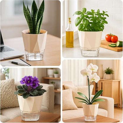 2 Pack Self Watering Pots for Indoor Plants, 8.4" Self Watering Planters Large African Violet Self Watering Clear Pots for Plants Large Herb Orchid Flower Houseplant, Ivory White