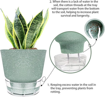 2024 Upgraded 5 Pack 6-Inch Self-Watering Planter Pots with Deep Reservoir for Indoor and Outdoor Plants with Planting Tools (Frosted White)