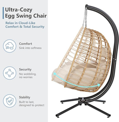 SWITTE Double Hanging Egg Chair with Stand, Outdoor Patio 2 Person Wicker Hammock Swing Chairs with Cushion Loveseat for Indoor Bedroom, Lawn, Garden-Beige