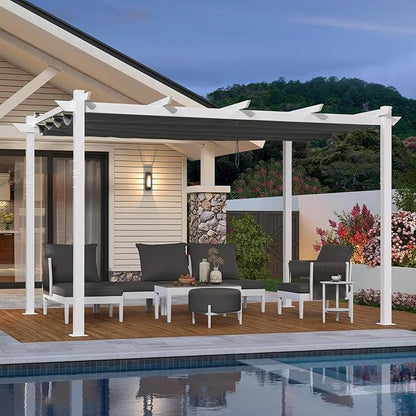PURPLE LEAF 10' x 13' Aluminum Outdoor Pergola White Wind-Resistant Retractable Pergola with Double Sun Shade Canopy Heavy-Duty Metal Pergola for Patios Backyard Deck Garden, Grey