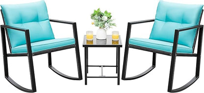 Devoko 3 Piece Rocking Bistro Set Wicker Patio Outdoor Furniture Porch Chairs Conversation Sets with Glass Coffee Table (Blue)