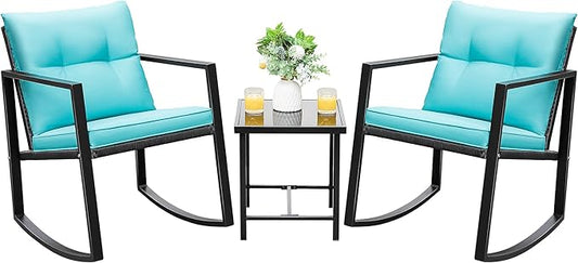 Devoko 3 Piece Rocking Bistro Set Wicker Patio Outdoor Furniture Porch Chairs Conversation Sets with Glass Coffee Table (Blue)