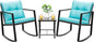 Devoko 3 Piece Rocking Bistro Set Wicker Patio Outdoor Furniture Porch Chairs Conversation Sets with Glass Coffee Table (Blue)