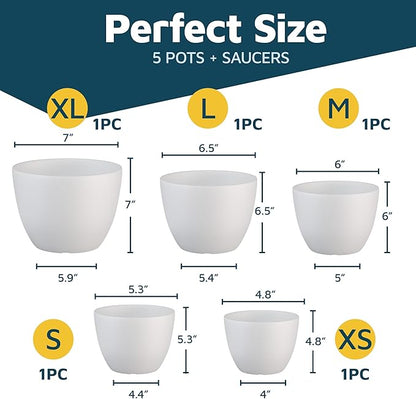 Lifemaster Eco Friendly Plant Pot Set -5-Pack Home Decor Flower Indoor and Outdoor Plastic Pots with Drainage Holes, Assorted Sizes (7", 6.6", 6", 5.3", 4.8") - Stackable Garden Versatile Planters