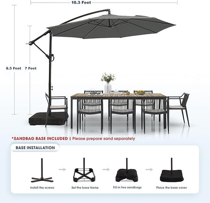 wikiwiki 10ft Patio Umbrella with Base Included, Outdoor Offset Cantilever Umbrella with Sandbag Base for Backyard, Garden and Pool, Easy to Tilt and Crank, Dark Gray