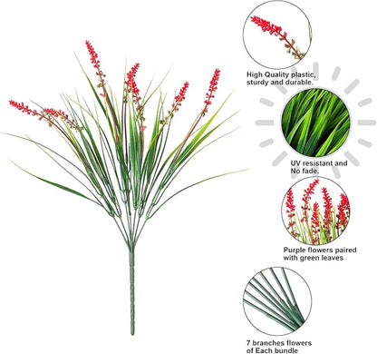 HyeFlora 20 Bundles Artificial Fake Outdoor Plants Flowers for Spring Decoration, UV Resistant Realistic Red Plastic Flowers Faux Plant Monkey Grass for Planter Home Garden Porch Patio Window Box
