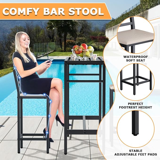 Metal Outdoor Bar Set with 50-Inch Rectangular Table and Cushioned Stools