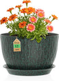 12 Inch Wide Water Ripples Flower Pots for Indoor or Outdoor Plants, Large Plant Pots with Drainage Holes & Saucer, Plastic Planters Set for Garden & Home Decor (Black with Green Speckles)