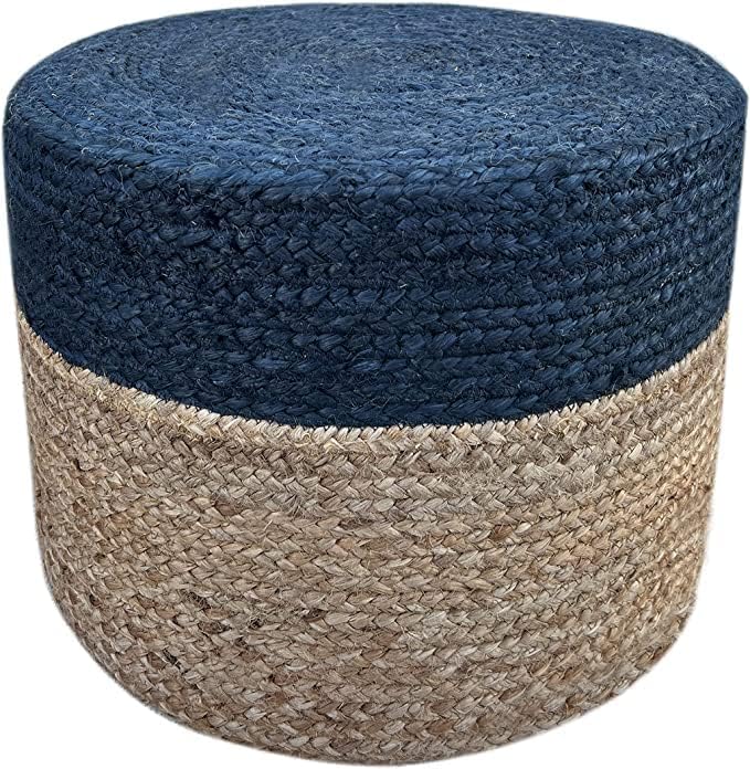 S & L Homes Pouf Ottoman - 100% Jute Braided Footrest Pouf Hand Knitted Traditional Cord Boho Pouffe for Living Room, Bedroom, Nursery, Patio, Lounge Colorblock - Natural Navy (20”x20”x10”)