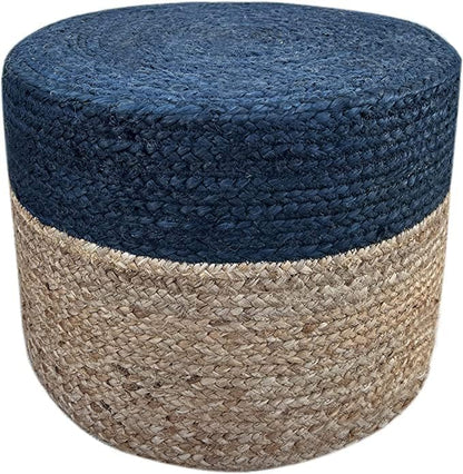 S & L Homes Pouf Ottoman - 100% Jute Braided Footrest Pouf Hand Knitted Traditional Cord Boho Pouffe for Living Room, Bedroom, Nursery, Patio, Lounge Colorblock - Natural Navy (20”x20”x10”)