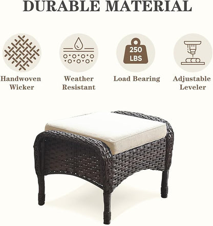 Belord Outdoor Ottomans for Patio Foot Rest - 25 Inch PE Wicker Foot Stool Set of 2 with Removable Cushions for Patio Furniture Sets,All Weather Rattan Ottoman for Balcony Deck Backyard Brown