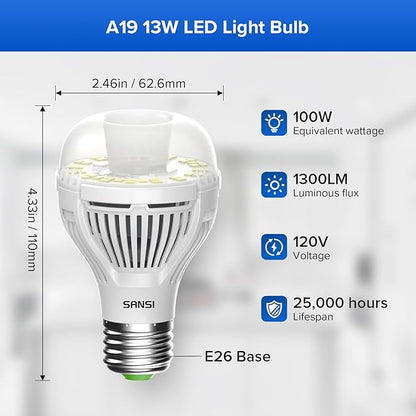 SANSI Dusk to Dawn LED Outdoor Light Bulb A19, 100 Watt Equivalent Energy Efficient 13W 5000K Daylight 1300LM Outdoor Light Bulbs, E26 Standard Base Light Bulbs for Porch Patio Yard Garden, 2-Pack