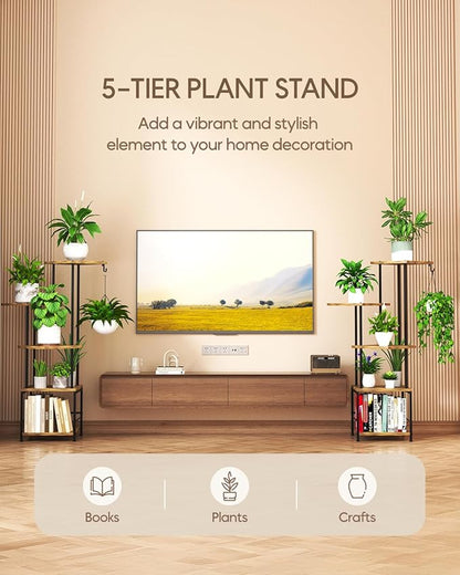 Plant Stand Indoor, 5-Tier Tall Plant Stand Indoor, Metal Plant Shelf with Hanging Basket Hook, Ideal Corner Plant Table for Living Room, Balcony, Garden, Patio (Brown)