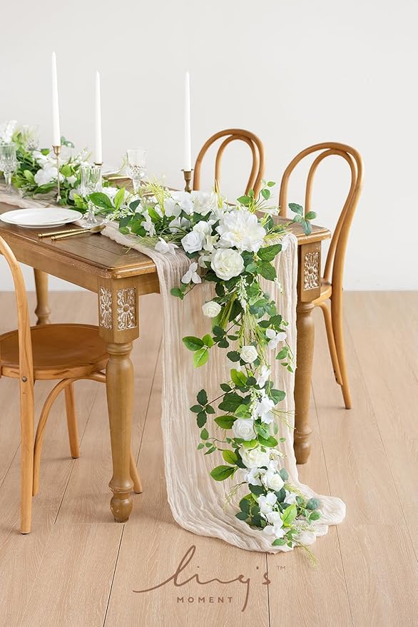 Artificial Flower Garland, 6 ft Eucalyptus Runner in White and Olive