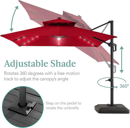 Best Choice Products 10x10ft Cantilever Patio Umbrella w/Base Included, Solar LED Lights 360 Rotation Large Offset Hanging Outdoor Shade for Deck Pool Backyard w/Stand – Red
