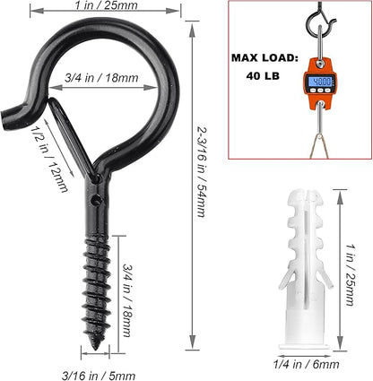 PlusRoc 40 Pack Ceiling Hooks for Hanging Plants Outdoor String Lights Heavy Duty, 2.2 Inch Eye Hook Screw in Cup Hooks Q-Hanger for Patio Lights, Wall Wood Fence Deck Mount(Black)