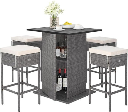 Tangkula 5 Piece Outdoor Rattan Bar Set, Patio Bar Furniture with 4 Cushions Stools and Smooth Top Table with Hidden Storage Shelf, Outdoor Conversation Set for Poolside, Backyard, Lawn (Grey-White)
