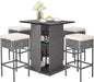 Tangkula 5 Piece Outdoor Rattan Bar Set, Patio Bar Furniture with 4 Cushions Stools and Smooth Top Table with Hidden Storage Shelf, Outdoor Conversation Set for Poolside, Backyard, Lawn (Grey-White)