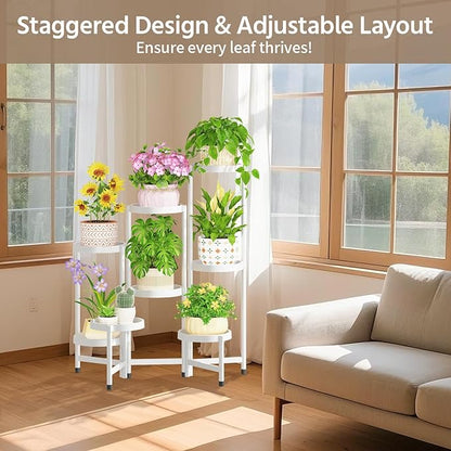 LASZOLA 8 Tiered Folding Plant Stand Indoor for Multiple Large Planter, Tall Heavy Duty Adjustable Rack with Rust Proof Plastic Shelving, Sturdy Vertical Tree Organizer for Narrow Inside Floor, White