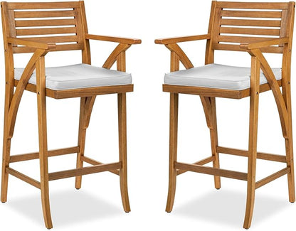 Best Choice Products Set of 2 Outdoor Acacia Wood Bar Stools Bar Chairs for Patio, Pool, Garden w/Weather-Resistant Cushions - White Sand