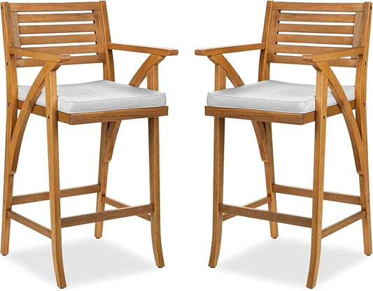 Best Choice Products Set of 2 Outdoor Acacia Wood Bar Stools Bar Chairs for Patio, Pool, Garden w/Weather-Resistant Cushions - White Sand