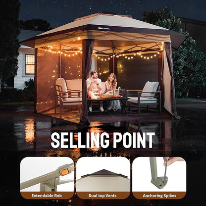 CROWN SHADES 13x13 Pop Up Gazebo with Mosquito Nettings, Patented Center Lock 6-Sided Portable Gazebo, 300D Silver-Coated Fabric UV Resistant, Pop Up Canopy Tent for Patio, Party, Beige&Coffee