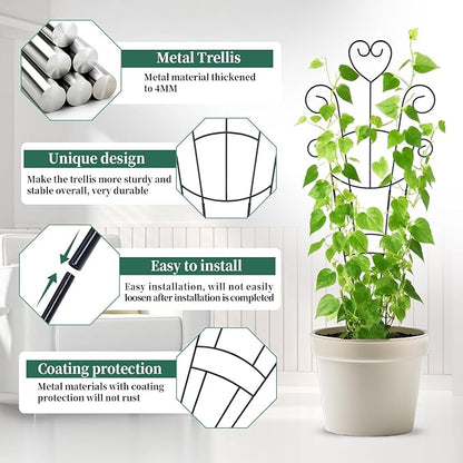 30 Inch Plant Trellis for Climbing Plants Indoor, Outdoor Metal Garden Trellis for Potted Plants, Houseplant Plant Support for Ivy Pothos Monstera Hoya Flower Vine Black Heart (Black-4pcs)