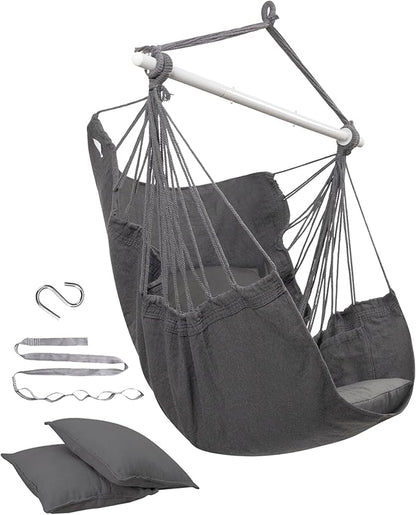 MIZTLI Hammock Chair Hanging Chair Swing Chair Hanging Chair for Bedroom Indoor Outdoor- Max 500 Lbs－Steel Spreader Bar with Anti-Slip Rings, 2 Cushions