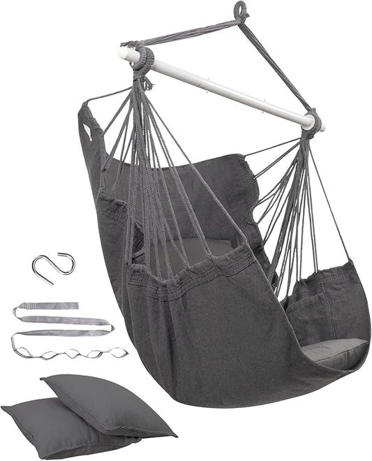 MIZTLI Hammock Chair Hanging Chair Swing Chair Hanging Chair for Bedroom Indoor Outdoor- Max 500 Lbs－Steel Spreader Bar with Anti-Slip Rings, 2 Cushions