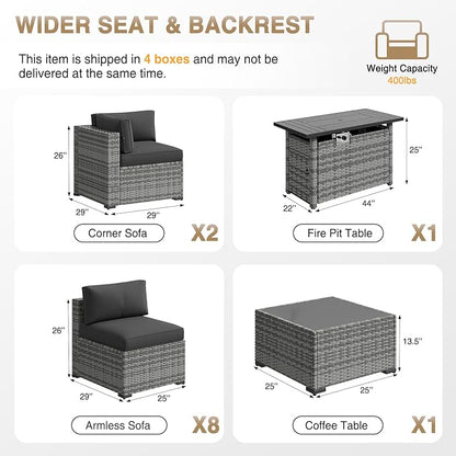 Aoxun Patio Furniture Sets, 12-Piece Outdoor Patio Furniture with 44'' Propane Gas Firepit Table, Wicker Outdoor Conversation Set Sectional Sofa for Backyard, Poolside, Garden