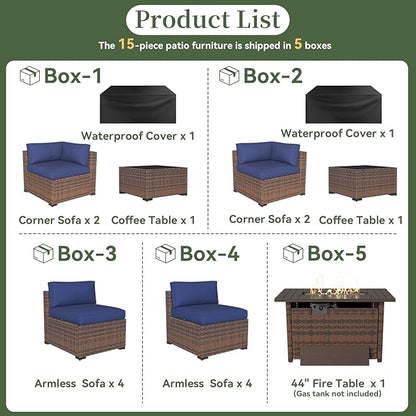 Aoxun 15 Piece Patio Furniture Set with 44” Fire Pit Table Wicker Rattan Outdoor Sectional Sofa Set with Coffee Table and Thickened Cushions, Blue (Waterproof Cover Included)