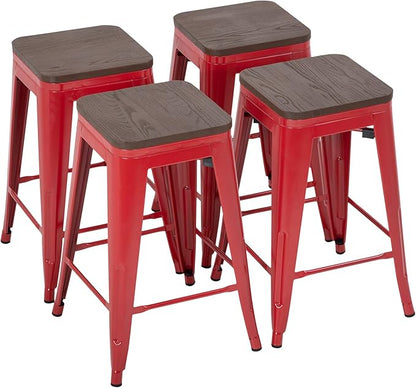 FDW Metal Bar Stools Counter Height Barstool Stackable Barstools Indoor Outdoor Patio Bar Stool Home Kitchen Dining Stool Backless Bar Chair (Red with Wood, 24")