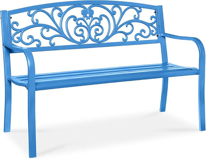 Best Choice Products Outdoor Bench Steel Garden Patio Porch Furniture for Lawn, Park, Deck w/Floral Design Backrest, Slatted Seat - Ocean Blue