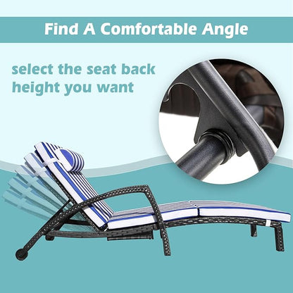 Chaise Lounge Chairs Outdoor Set of 2, Comfy Outside Wicker Patio Pool Lounge Chair w/ 5 Adjustable Back Angle, Cup Holder, Thicken Cushion