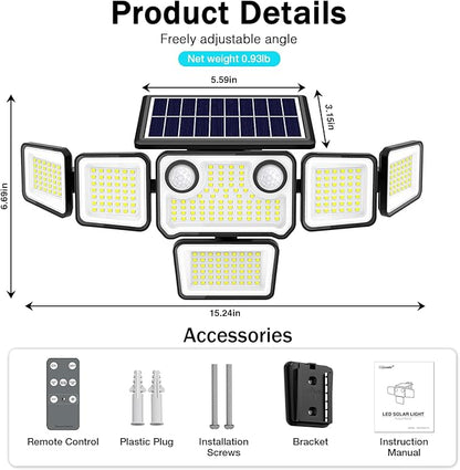 6000LM Solar Lights Outdoor Waterproof, 6 Heads Solar Flood Lights Outdoor with 2 Motion Sensor, 310 LED Motion Light with Remote Control for Yard Outside House Patio 2 Pack