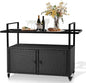 VINGLI Wicker Outdoor Bar Cart with Storage and Wheels, Outdoor Bar Table Serving Cart Rattan Bar Cart with Glass Top and Shelf for Pool, Party, Backyard, Porch (Black)