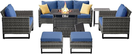 Belord 7 Pieces Patio Furniture Set with 50000BTU Propane Fire Pit Table: Wicker Patio Conversation Set with Outdoor Club Chairs Patio Couch Metal Side Table, All Weather Brown Rattan