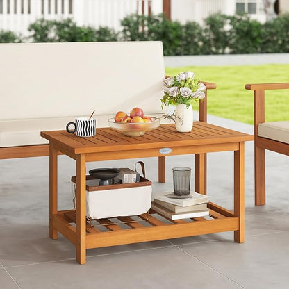 Tangkula Outdoor Acacia Wood Coffee Table, Patio 29.5” Rectangle Slatted 2 Tier Coffee Table with Storage Shelf, for Outside Balcony Patio Poolside