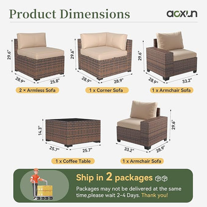 Aoxun 6 Piece Patio Furniture Set with Wide Armrests Wicker Rattan Outdoor Sectional Sofa Set with Coffee Table and Thickened Cushions, Brown/Beige(Waterproof Cover Included)