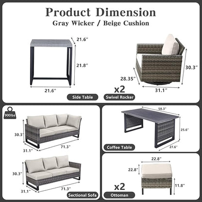 Belord Patio Sectional Furniture Set with Coffee Table: 8 Pieces Wicker Patio Conversation Set with L Shaped Sofa, Outdoor Swivel Glider Rocker, Rattan Ottomans, Removable