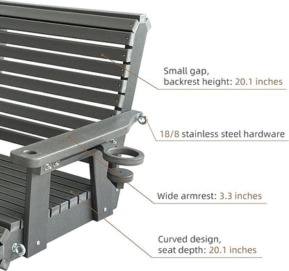 HDPE Porch Swing with 18/8 Stainless Steel Bolts, Ergonomic Design, Ultra Weather-Resistant, Heavy Duty 1200 LBS, for Outdoor Patio Garden Yard (Gray)