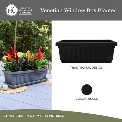 The HC Companies 30 Inch Venetian Window Planter Box with Drainage Plug, Lightweight UV-Resistant Plastic Indoor & Outdoor Planters, 2-Pack Flower Box for Garden & Home Decor, Black