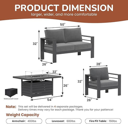 Solaste Aluminum Patio Furniture Set with Fire Pit Table, 4 Piece Metal Outdoor Furniture with Water-Resistant Cushions, Modern Patio Conversation Set for Balcony, Front Porch, and Backyard, Grey