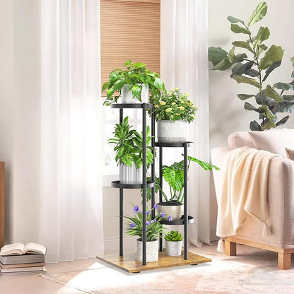 iDavosic.ly 4 Tier Plant Stand Indoor Outdoor, Tiered Corner Multiple Flower Pot Holder Shelf, Metal 30 Inch Tall Display Rack for Patio Porch Living Room Garden Balcony, Modern Black & Rustic Brown