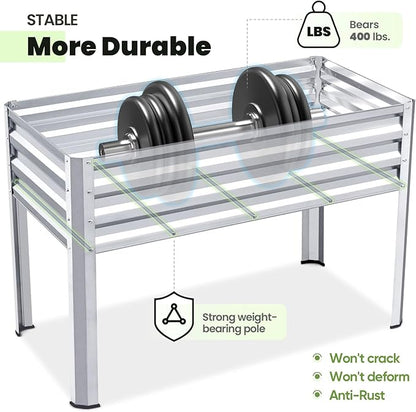 KING BIRD Large Raised Garden Bed with Legs Galvanized Elevated Planter Box 48×24×32 in for Backyard, Patio, Balcony, 400lb Capacity, Silver