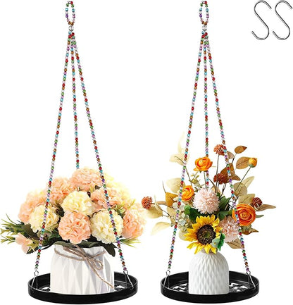 2-Pack Modern Boho Macrame Plant Hanger, 10/11 Inch Metal Hanging Planter Holder for Indoor and Outdoor Home Garden Decor, Black Hanging Plant Shelf for Window, Wall, and Ceiling. (Garden, 10/11)