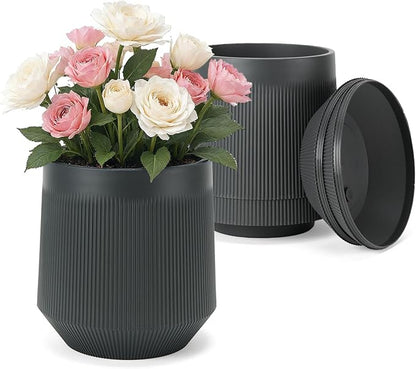 Plant Pots，Set of 3 Plastic Pots for Indoor Plants,Flower Pots Outdoor Planters with Drainage Hole and Seamless Saucer,Gray
