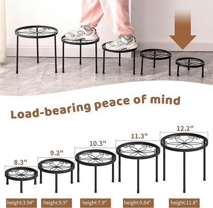 Plant Stand Indoor Outdoor 5 Pack Heavy Duty Metal Stand Multiple Plants, Anti-Rust Iron Flower Pot Stand Decoration Racks Plant Pot Shelf for Living Room Garden Balcony (Black)