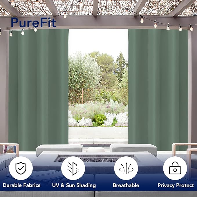 PureFit Outdoor Curtains for Patio Waterproof Weatherproof, UV Resistant Outside Curtains for Gazebo, Front Porch, Pergola, Sun Blocking Privacy Curtain, 52W x 120L inch, 1 Panel, Sage Green